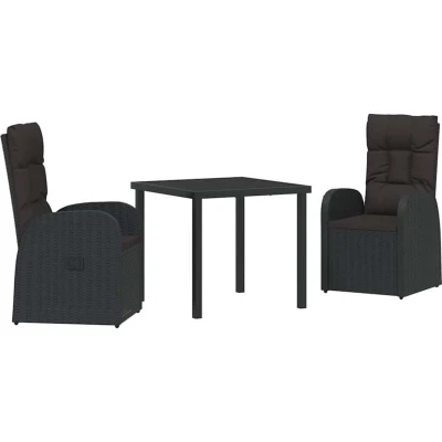 Image of vidaXL 3 Piece Garden Dining Set with Cushions Black Poly Rattan