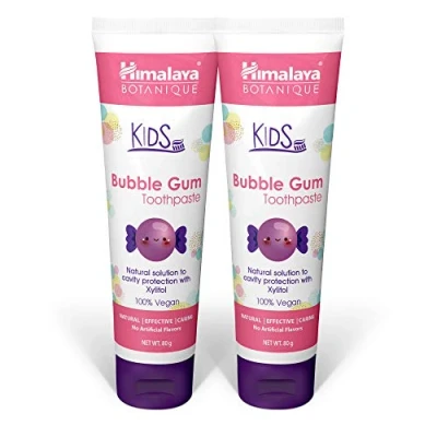 Image of Himalaya Botanique Kids Toothpaste Bubble Gum Flavor Reduces Plaque and Makes Teeth Stronger Increases Grip Fluoride Free, Vegan &amp; Gluten Free 80g (Pack of 2)