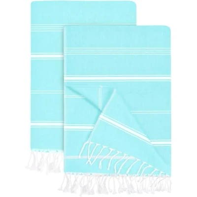Image of Utopia Towels 2 Pack Turkish Beach Towel (100 x 180 cm) 100% Cotton Oversized Sand Free Lightweight Quick Dry Towel, Prewashed for Soft Feel, Large Peshtemal Travel (Aqua)
