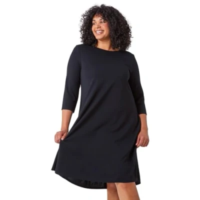 Image of Roman Originals Tunic Dress with Pockets for Women UK Ladies Swing Fit &amp; Flare Skater Slouch Stretchy Casual Smart Winter Jersey Pull On Relaxed Work Office 3/4 Long Sleeves Black Plus Size 18