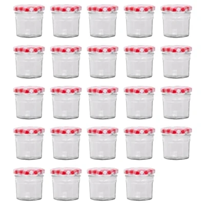 Image of Argon Tableware Glass Jam Jars with Airtight Red Gingham Lids 90ml Pack of 24 Empty Screw Top Kitchen Storage Jar for Food, Honey, Spice, Pickling, Preserving, Candle Making