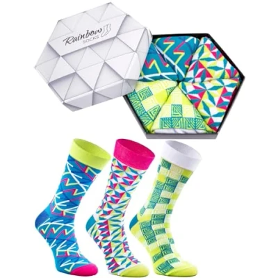 Image of Rainbow Socks Women Man Geometric Box Gift 3 Pairs Turquoise Pink Yellow Size 7,5 11