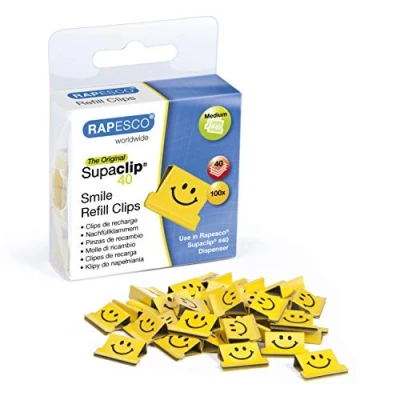Image of Rapesco 1380 Supaclip 40 Smiles Refill Clips, Bright Yellow, Pack of 100