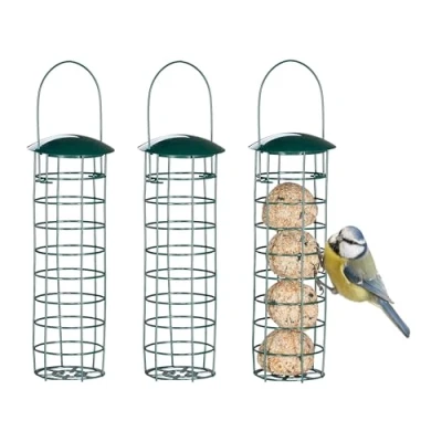 Image of Relaxdays Feeder, Set of 3, to Hang up, HxD: 31 x 8.5 cm, for Wild Birds, Round, Fat Ball Holder, Metal, Dark Green, Iron, cm