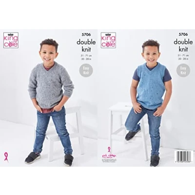 Image of King Cole 5706 Knitting Pattern Childrens Sweater and Slipover in Big Value Tweed DK,Multi, 20 28 inch