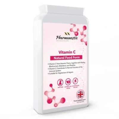 Image of Natural Food Vitamin C 120 Capsules Immune Support &amp; Fatigue Reduction Containing Acerola Cherry, Rosehip, Blackcurrant and Elderberry Gentle Non Acidic Optimum Absorption UK Manufactured