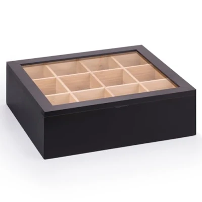 Image of Woodluv Tea Box, Bag Organiser, Box for Bags, Holder, Caddy, 12 Sections Black