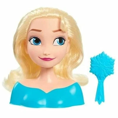 Image of Disney Just Play 87490 JP Frozen Hairdressing Head Elsa Mini 14 cm with Hair Brush for Styling Fun, from 3 Years, Black