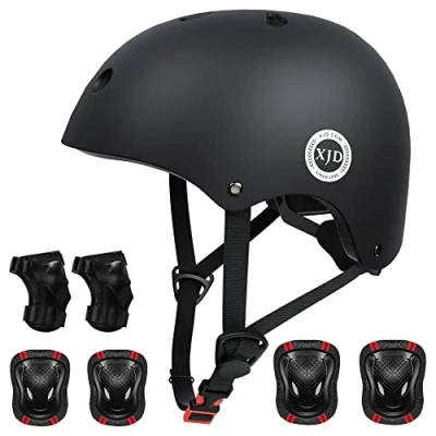 Image of XJD Kids Bike Helmet Protective Gear Set Age 2 13 years Knee Pads Elbow Wrist Guards and Adjustable Skateboard Helmets for Scooter Cycling Roller Skating Boys Girls (S, Black)
