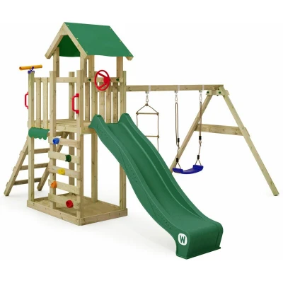 Image of Wickey Play Tower Climbing Frame MultiFlyer Light, Swing &amp; Green Slide, Outdoor Children&#039;s with Sandpit, Ladder Accessories for the Garden