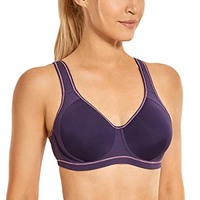 Image of SYROKAN Women&#039;s Sports Bra High Impact Underwire Support Full Coverage Plus Size Molded Fitness Workout Bras Navy Cosmos 34G