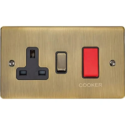 Image of 45A DP Oven/Cooker Switch &amp; Neon Light POLISHED ANTIQUE BRASS Black Trim 45 Amp Double Pole Decorative Wall Plate Red Rocker On/Off Mains Appliance/Boiler Power