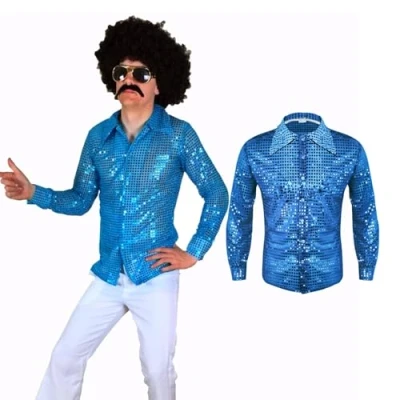 Image of 70s Fancy Dress Mens, Disco Men&#039;s Blue Shirt, Saturday Night Fever, Club Rock Hip Hop Party Cosplay Costume (Medium)