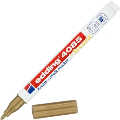 Image of edding 4085 chalk marker gold 1 pen round nib 2 mm fine wet wipe for chalkboards, windows, glass, mirrors liquid pens opaque coverage