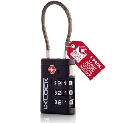 Image of iXLOCK TSA Approved Luggage Locks (Black) 3 Digit Heavy Duty Zinc Alloy Security Cable Padlock Combination Padlocks, Code Lock for Suitcase Zipper, Luggage, Bag, Case, Gym Locker