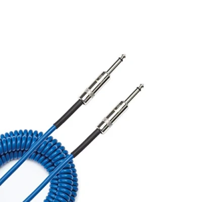 Image of D’Addario Accessories Custom Series Coiled Guitar Cable Instrument with Nickel Plated ¼ Inch Ends Warm, Vintage Look &amp; Tone 30ft (10ft Coiled) Blue