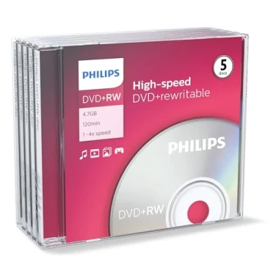 Image of Philips DW 4 S J 05 F/10 DVD+RW Blanks (4.7 GB Data/120 min Video, 4X High Speed Recording, Pack of 5)