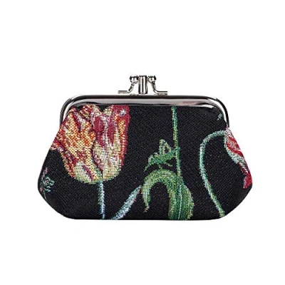 Image of Signare Tapestry Cute Exquisite Double Pocket Kiss Lock Coin Purse for Women with Floral Design (Tulip Black, FRMP JMTBK)