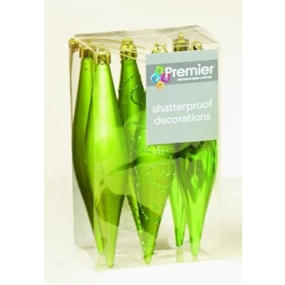 Image of 6 x Apple Green Icicle / Tear Drop Christmas Tree Baubles by Premier