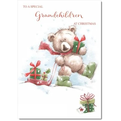 Image of doodlecards Grandchildren Christmas Card Cute Bear with Sled Medium Size for Plain Envelope