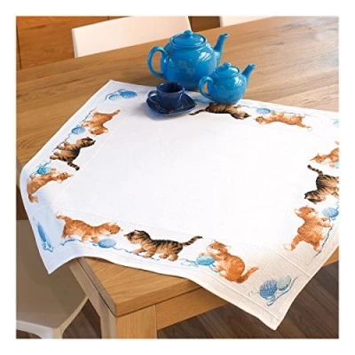 Image of Vervaco Counted Cross Stitch Kit: Tablecloth: Happy Cats, 100% Cotton, Multi Colour, 80 x 2 20 cm