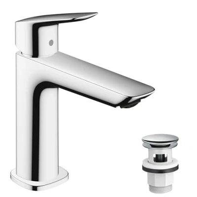 Image of hansgrohe Logis Fine bathroom tap with push open waste set, sink spout height 110 mm, basin mixer water saving (EcoSmart), chrome, 71252000
