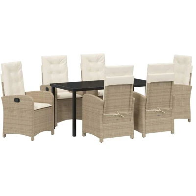Image of vidaXL 7 Piece Garden Dining Set with Cushions Beige Poly Rattan