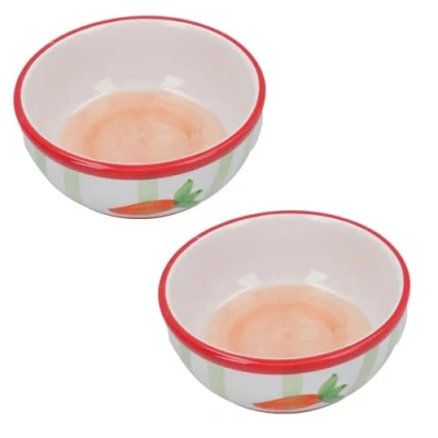 Image of AB Tools 2 Small Animals Rabbit Guinea Ceramic Carrot Stripe Pet Feeding Water Bowls