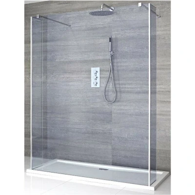 Image of Milano Portland Luna Chrome Floating Walk In Frameless Wet Room Shower Enclosure with Smoked Glass Screen Return Panels Support Arms and White Tray