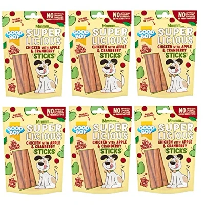 Image of GOODBOY SUPER LICIOUS NATURAL MEAT DOG PUPPY TREAT SOFT CHEW STICKS,CHICKEN WITH APPLE &amp; CRANBERRY, CHICKEN BROCCOLI SWEET POTATO, 100G (CHICKEN 6 PACK)