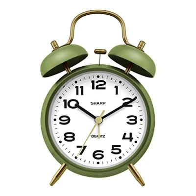 Image of Sharp Twin Bell Alarm Clock, Loud Great for Heavy Sleepers Stylish Matte Finish with Rustic Bronze Accents, Battery Operated (Matte Sage)