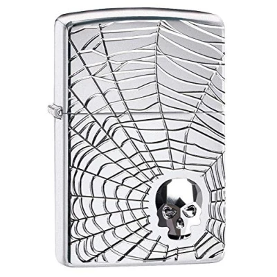 Image of Zippo Unisex&#039;s Skull Design Pocket Lighter, High Polish Chrome Spider Web, One size