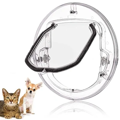 Image of Cat Flap Door, Transparent 4 Way Locking Pet Door for Cats Small Dogs, Round Clear with Ways Lock &amp; Liner Kit Sliding Glass Window, Screen Window