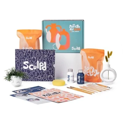 Image of Sculpd Pottery Starter Kit Complete Air Dry Clay Beginner Set for 2 Adults: Includes Sculpting Tools, Gloss Varnish, Paint Brushes, Guide, Video Tutorials &amp; More Date Night Gift, Arts Crafts Hobby