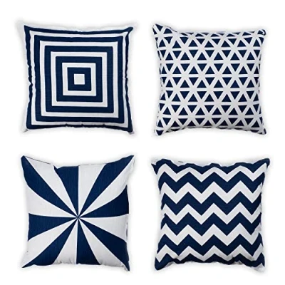 Image of Penguin Home Set of 4 100% Slub Cotton Fabric Cushion Covers 45cm x Double Sided Square Pillow with Invisible Zipper Cases for Living Room, Bedroom, Sofa (White/Navy Mix)