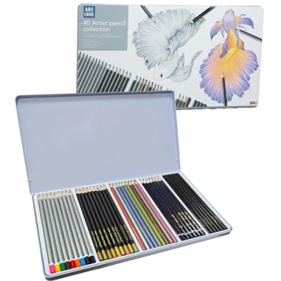 Image of 40 Artist Pencils Set with Storage Tin Coloured, Watercolour, Charcoal, Drawing &amp; Metallic for Sketching Shading Colouring Art Kit Artists Beginners Durable Metal Case