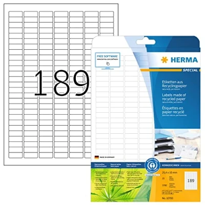 Image of HERMA 10700 Labels, 200/Sheet, 20 Sheets, 25.4 x 10 mm, Natural White, Recycled Paper, Self Adhesive, for Laser &amp; Inkjet Printers, Blauer Engel Award