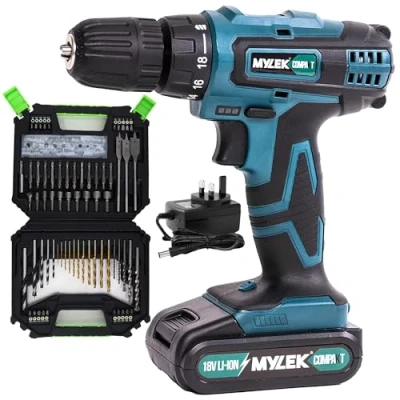 Image of MYLEK 18V Cordless Drill Lithium Ion Drills Driver Screwdriver Set 13 Piece Combi Accessory Kit LED Worklight, 18 Volts Blue/Black with 4ORCE (128 Piece)