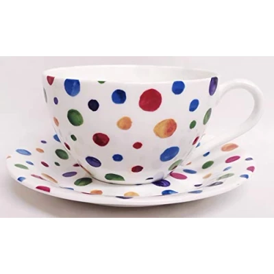 Image of Polka Dot Painted Effect Breakfast Cup &amp; Saucer Fine Bone China Retro Multi Colour Cappuccino Coffee Tea Set Hand Decorated in UK