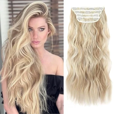 Image of Blonde Hair Extensions Clip in, 4Pcs Synthetic in Extension, 20 Inches Curly Soft Wavy Pieces for Women (Color:Dark Golden Mix Beige Blonde)