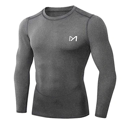 Image of MEETYOO Men&#039;s MenÂ’s Compression Base Layer Top Long Sleeve T shirt Sports Gear Fitness Tights for Running Gy Shirt, Grey 2, L UK