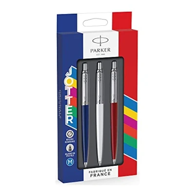 Image of PARKER Jotter Originals&quot;Made in France&quot; 3 Ballpoint pens Blue, White &amp; Red Chrom trims medium point Blue ink Blister
