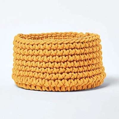 Image of HOMESCAPES Mustard Knitted Storage Basket Round W37 x H21cm 100% Cotton Fabric Toys Matching with Pouffes