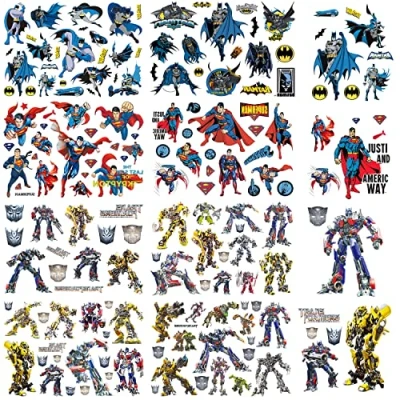 Image of Transformers Temporary Tattoos Batman Superman Stickers for Kids cute cartoon Party Favors and Birthday Decorations Girls Boys(8 Tattoo Sheets)…