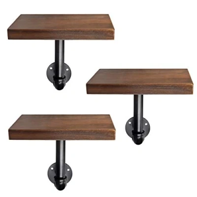 Image of Navaris Industrial Pipe Shelf Set 3 Small Wooden Shelves with Black Brackets 15x20cm Wall Mounted Wood Shelving Size S, Rustic White