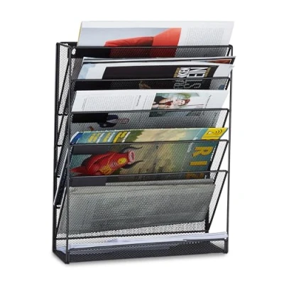 Image of Relaxdays Wall Mount Magazine Rack, A4 Newspaper Stand, Metal Catalogue Holder Basket, HxWxD: 40 x 32 10 cm, Black