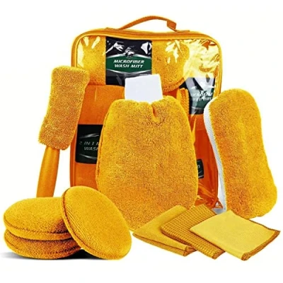 Image of 9 Piece Car Cleaning Kit With Storage Bag Includes Microfibre Washing Mitts, Multi Purpose Cloth, Waffle Cloths, Wheel Brush, Wash Pad, Gift Set Care Product