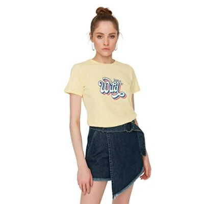 Image of Trendyol Women&#039;s Woman Regular Standard Crew Neck Woven T Shirt, Yellow, M