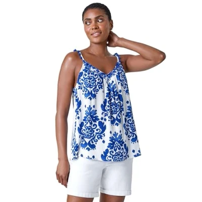 Image of Roman Womens Paisley Pom Trim V Neck Crinkle Vest Top Blue Size 18 UK