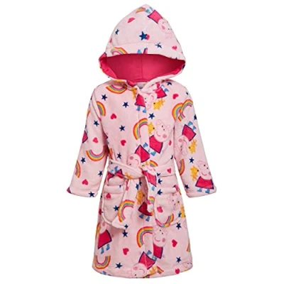 Image of Girls Peppa Dressing Gown Kids Luxury Fleece Hooded Bathrobe Pink Housecoat with Belt 18 24 Months